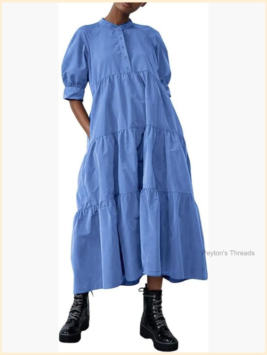Dresses & Skirts - Women's Puff Sleeve Maxi Tiered Babydoll Dress Casual A-Line Swing Long Shirt
